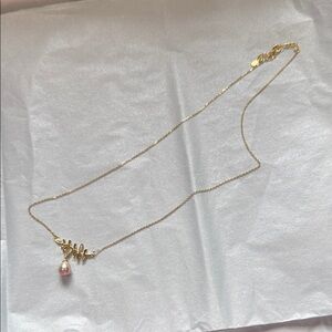 Gold Leaf Necklace with Pink Pearl Charm